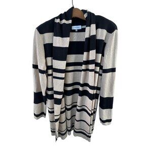Calvin Klein Open Front Cardigan Size Medium Black Cream Striped Long Sleeve